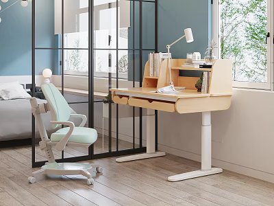 Kids Room Interior With Adjustable Wooden Desk Light Green Chair Books And Natural Light 3d model