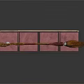 Decorative Wicker Broom on Display Platform With Ornate Base Pink Mats and Metal Frame