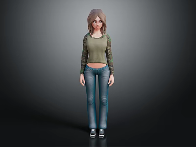 Female Character With Brown Hair In Green Top Camouflage Sleeves And Blue Jeans Standing On Dark Background 3d model