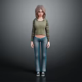 Female Character With Brown Hair In Green Top Camouflage Sleeves And Blue Jeans Standing On Dark Background