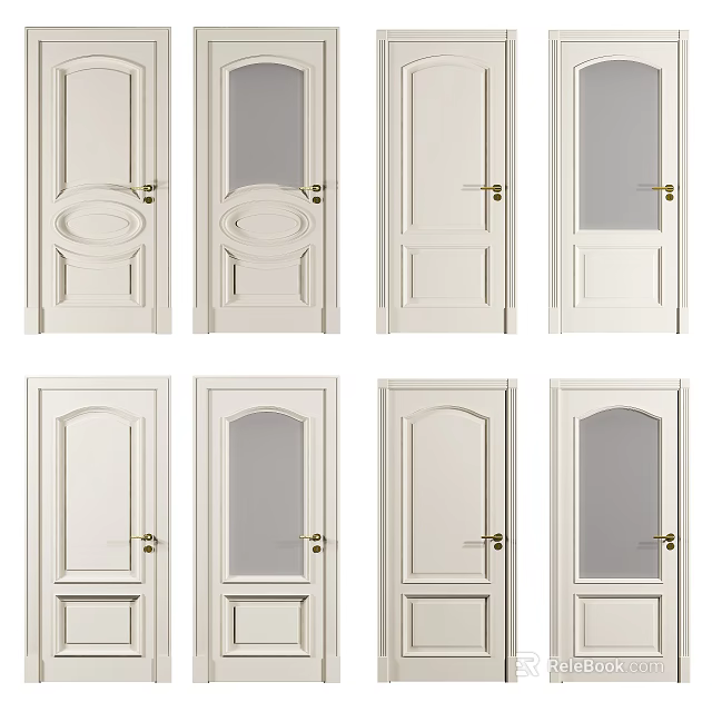 White Hinged Doors With Various Designs Including Glass And Solid Panels And Brass Handles 3d model