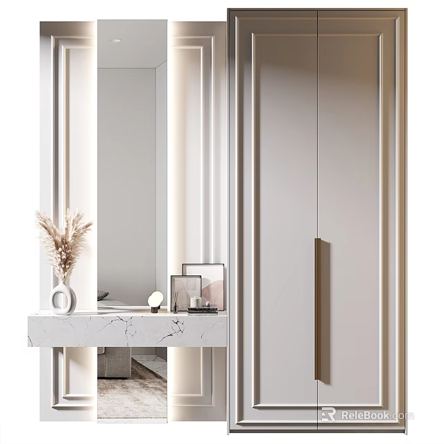 Elegant Modern Entryway Cabinet Sideboard With Marble Countertop Mirror And Decorative Items 3d model 