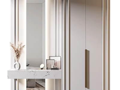 Elegant Modern Entryway Cabinet Sideboard With Marble Countertop Mirror And Decorative Items 3d model