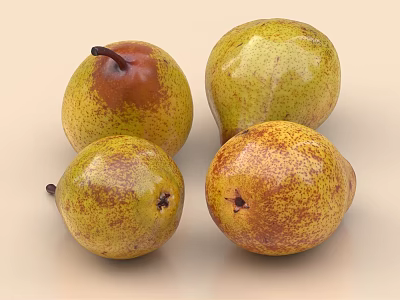 Four Fresh Pears with Yellow Green Skin and Brown Spots on Light Background 3d model