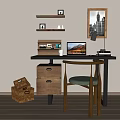 Stylish Home Desk With Laptop Coffee Mug Lamp Typewriter Drawers Chair And Wall Art