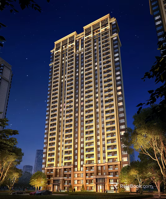 Modern High Rise Residential Building Illuminated At Night With Exterior Lights And Trees 3d model 