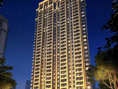 Modern High Rise Residential Building Illuminated At Night With Exterior Lights And Trees 3d model