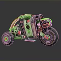 Unique Futuristic Motorcycle Featuring Metallic Body Three Large Wheels And Mechanical Design