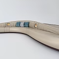 Modern Curved Sectional Sofa With Beige Upholstery Blue Cushions And Grid Pattern