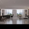 Modern Office Interior Design With Large Windows City View Sofa Desk And Chairs