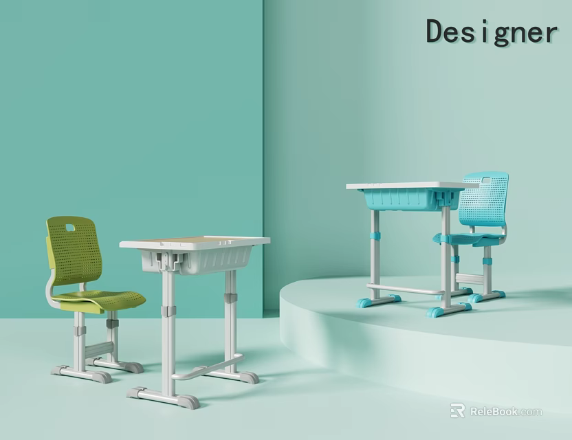 Modern Designer Desk And Chair Set With Green Blue And White Colors 3d model 