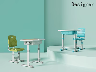 Modern Designer Desk And Chair Set With Green Blue And White Colors 3d model