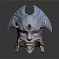 Blue Mythical Animal Mask With Intricate Horns And Red Gemstone Detail
