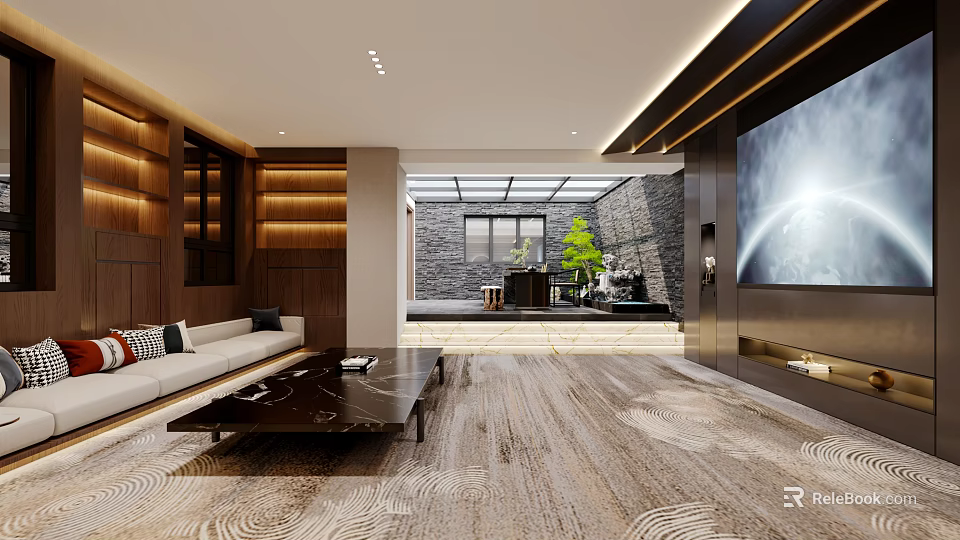 Modern Home Theater With Large TV Sofa And Wooden Walls 3d model 