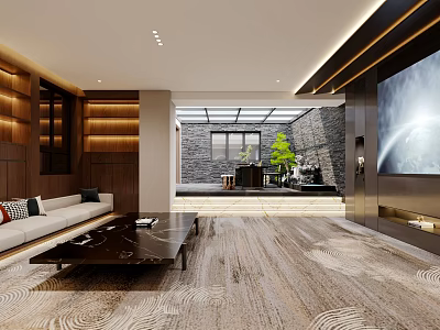 Modern Home Theater With Large TV Sofa And Wooden Walls 3d model