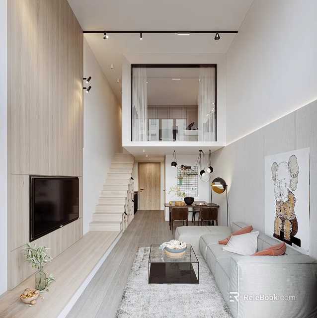 Modern Loft Apartment Living Room With Sofa TV Staircase And Decorative Painting 3d model 