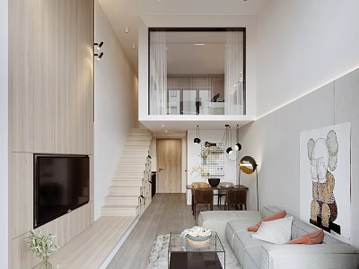 Modern Loft Apartment Living Room With Sofa TV Staircase And Decorative Painting 3d model