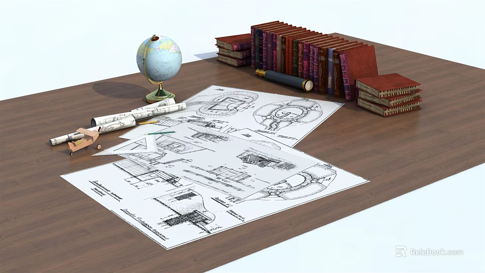 Decorative Ornament Set With Globe Stack Of Books And Architectural Blueprints On Wooden Table 3d model 