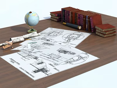 Decorative Ornament Set With Globe Stack Of Books And Architectural Blueprints On Wooden Table 3d model