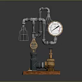 Industrial Decorative Furniture Piece With Metal Pipes Pressure Gauge Glass Lamps And Wooden Base