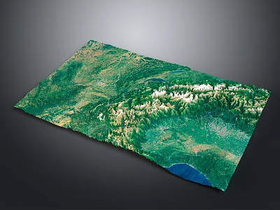 3D Topographic Terrain Model With Green Vegetation Mountain Ranges And Blue Water 3d model
