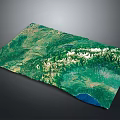 3D Topographic Terrain Model With Green Vegetation Mountain Ranges And Blue Water