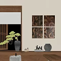 Natural Style Decorative Ornament Set With Four Panel Wall Art Potted Plant And Ceramic Vases