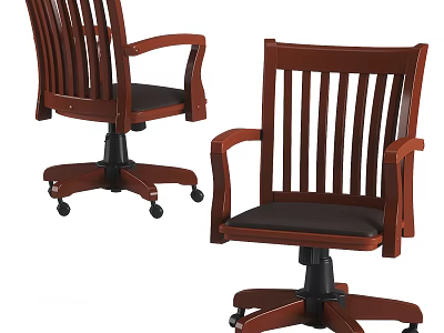Wooden Office Chair With Armrests Black Seat Cushion And Wheeled Base 3d model