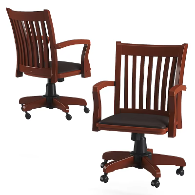 Wooden Office Chair With Armrests Black Seat Cushion And Wheeled Base 3d model