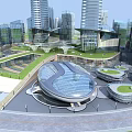 Modern High Rise Office Building With Glass Curtain Wall And Green Roof In Urban Complex