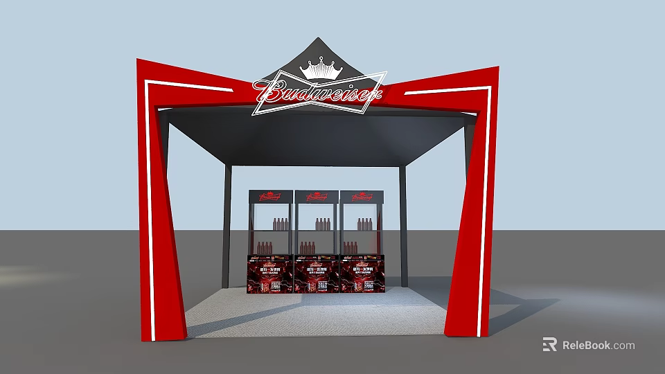Red Budweiser Booth With Crown Logo And Display Fridges For Products 3d model 