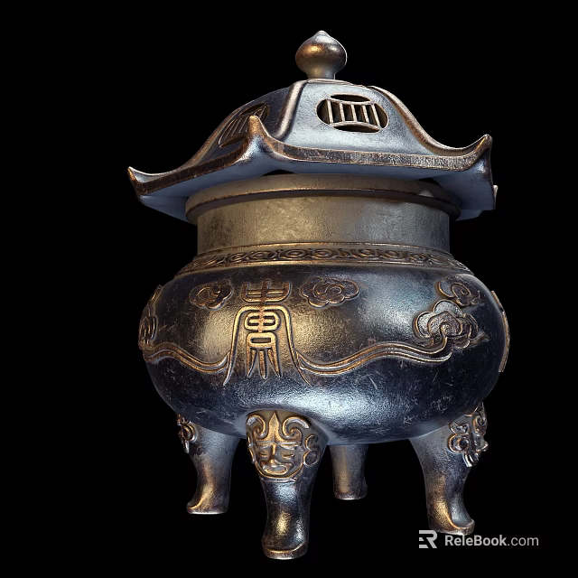 Traditional Intricate Lidded Bronze Garden Ornament With Decorative Patterns And Animal Feet 3d model 