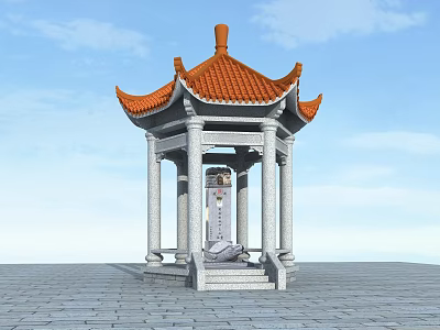 Traditional Garden Landscape Design With Orange Tiled Pavilion White Pillars And Stone Steps 3d model