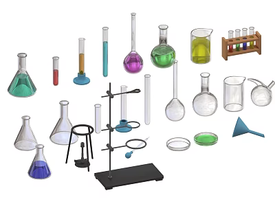 Assorted Laboratory Glassware With Beakers Flasks Test Tubes Stand And Funnels 3d model