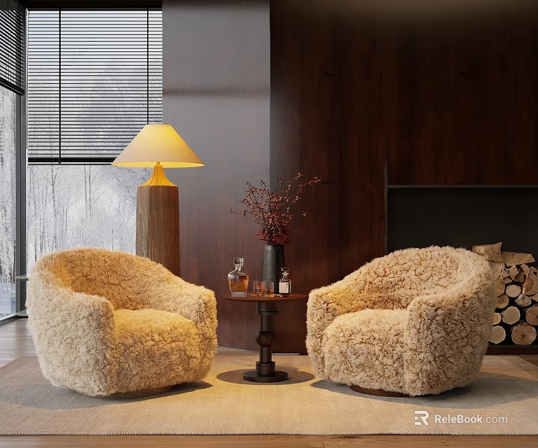 Plush Beige Casual Sofa Set with Round Table Floor Lamp Wooden Wall and Firewood Blinds 3d model 