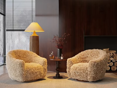 Plush Beige Casual Sofa Set with Round Table Floor Lamp Wooden Wall and Firewood Blinds 3d model