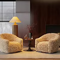 Plush Beige Casual Sofa Set with Round Table Floor Lamp Wooden Wall and Firewood Blinds