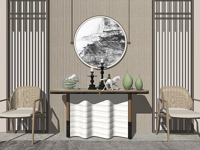Traditional Chinese Style Dining Table And Chairs With Decorative Vases And Round Painting 3d model