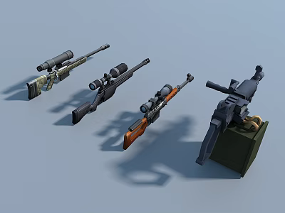Various Guns Including Scoped Rifles and Machine Gun on Green Box Light Blue Background 3d model