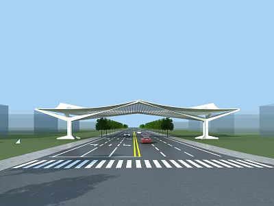 Modern Entrance Gate With Large Canopy Over Roadway And Green Landscaping 3d model