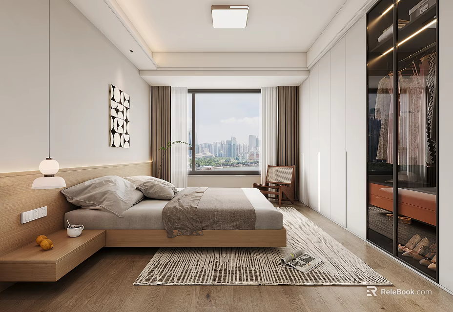Modern Bedroom Interior With Bedside Lamp Wall Art City View Window And Glass Door Wardrobe 3d model 