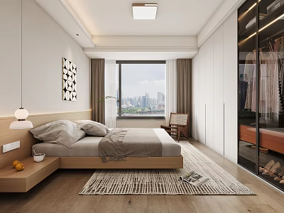 Modern Bedroom Interior With Bedside Lamp Wall Art City View Window And Glass Door Wardrobe 3d model