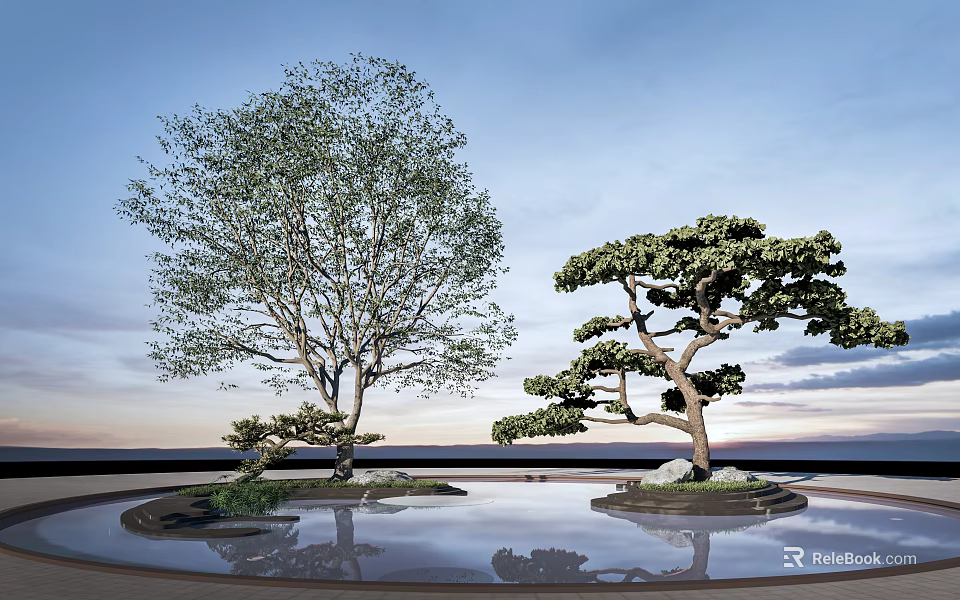 Two Distinct Arbor Trees Tall and Shaped in Water Pool with Reflection Under Clear Sky 3d model 