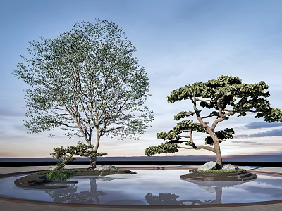 Two Distinct Arbor Trees Tall and Shaped in Water Pool with Reflection Under Clear Sky 3d model