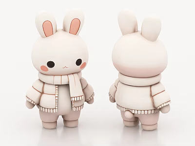 Cute White Rabbit Plush Doll With Scarf Jacket Front And Back View Design 3d model