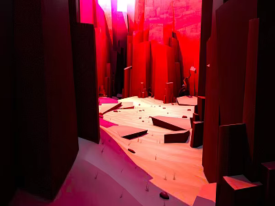 Cartoon Fantasy Scene With Red Toned Tall Block Structures Light From Above And Scattered Stones 3d model