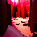 Cartoon Fantasy Scene With Red Toned Tall Block Structures Light From Above And Scattered Stones