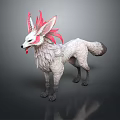 White Fox Game Character With Pink Ears Fluffy Fur And Red Accents