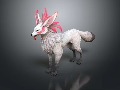 White Fox Game Character With Pink Ears Fluffy Fur And Red Accents 3d model