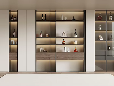 Modern Wine Cabinet With Glass Doors Layered Design Wine Bottles Glasses And Lighting 3d model
